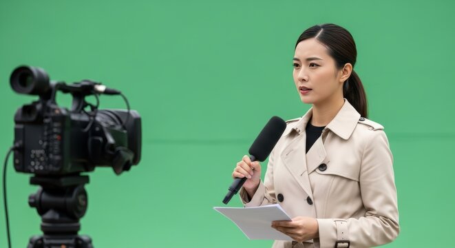 Professional News Reporter Presenting Live on Camera Against Green Screen Background
