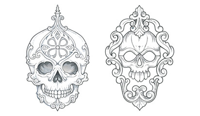 Vintageinspired skull illustrations are framed with ornate details, creating a gothic and decorative aesthetic, isolated on white background
