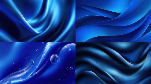 Four quadrants showcase flowing, luminous blue abstracts; varying textures including silky folds, bubbles, and waves