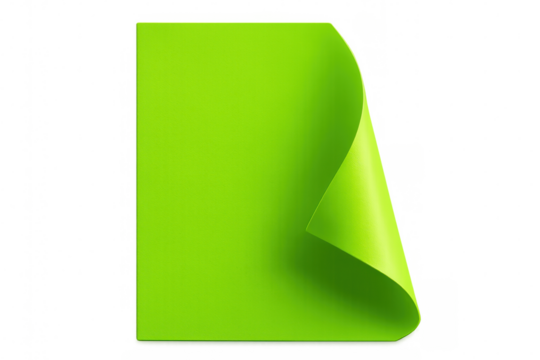 Green paper sheet curling dramatically, corner bending dynamically, revealing textural detail against transparent background