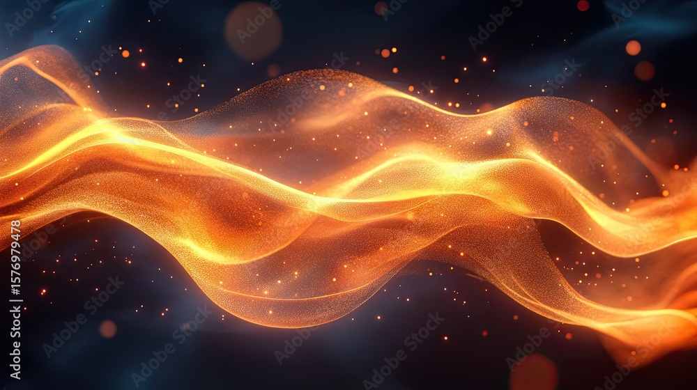 Poster abstract design of dynamic flowing golden particles.