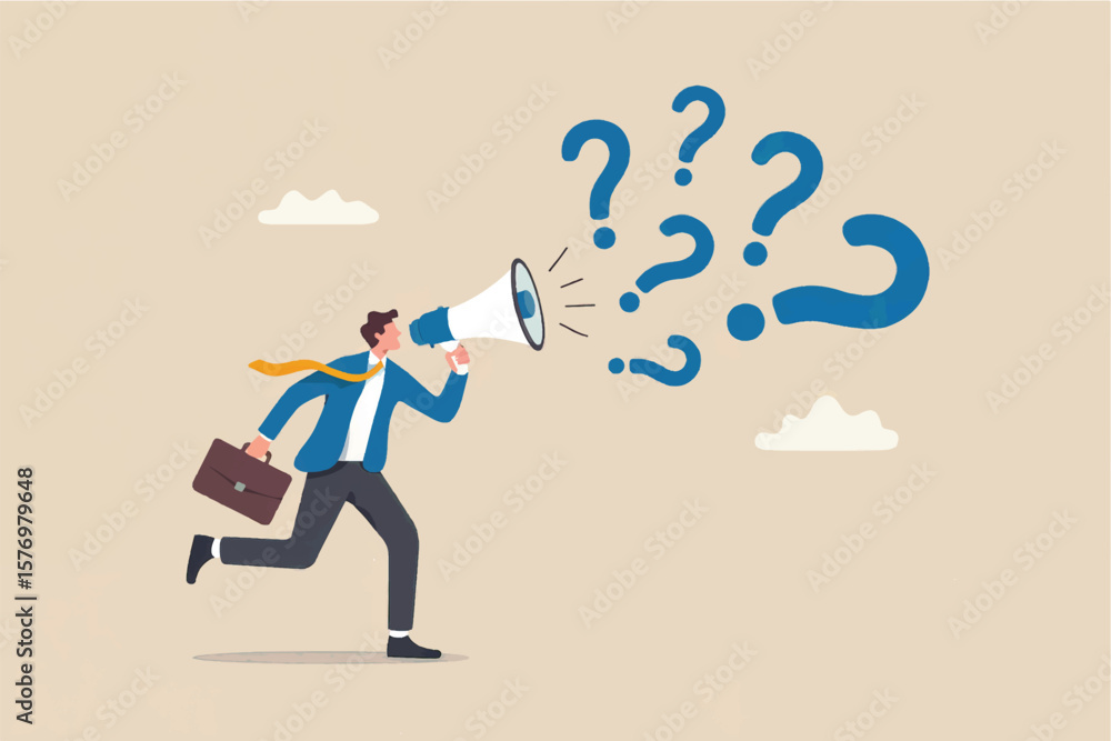 Poster businessman running and shouting through a megaphone emitting multiple blue question marks symbolizi