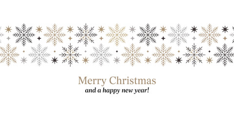 Fototapeta premium Christmas Greeting Card with Elegant Snowflakes and Festive Text on White and Gray Background Featuring Gold, Silver, and Black Accents in Horizontal Banner Design