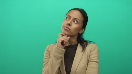 Woman in a tan blazer pondering with her hand on her chin against a green background, conveying...