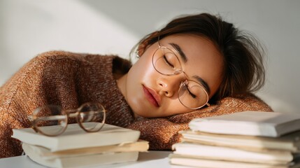A young woman sleeping with books