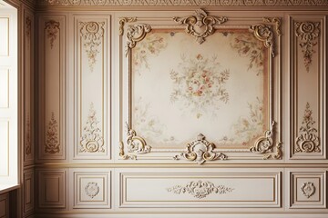 Ornate aesthetic background featuring rococo-style decorative wall with pastel floral accents and carved wood panels, ideal for luxury interior mockups and royal-inspired designs