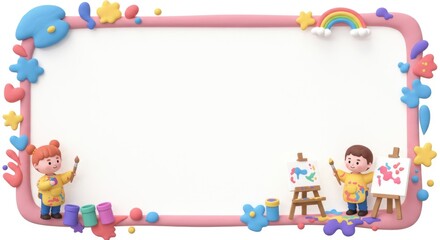 Obraz premium 3D illustration:Two creative children are drawing in a colorful cartoon frame. A frame with plenty of space for text
