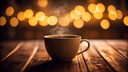 Obraz premium Hot steaming coffee cup on wooden table with warm golden bokeh lights in background for cozy morning and relaxation concept 