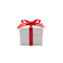White gift box with red ribbon bow isolated on transparent background