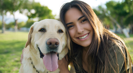 Young hispanic woman taking a selfie with her labrador retriever