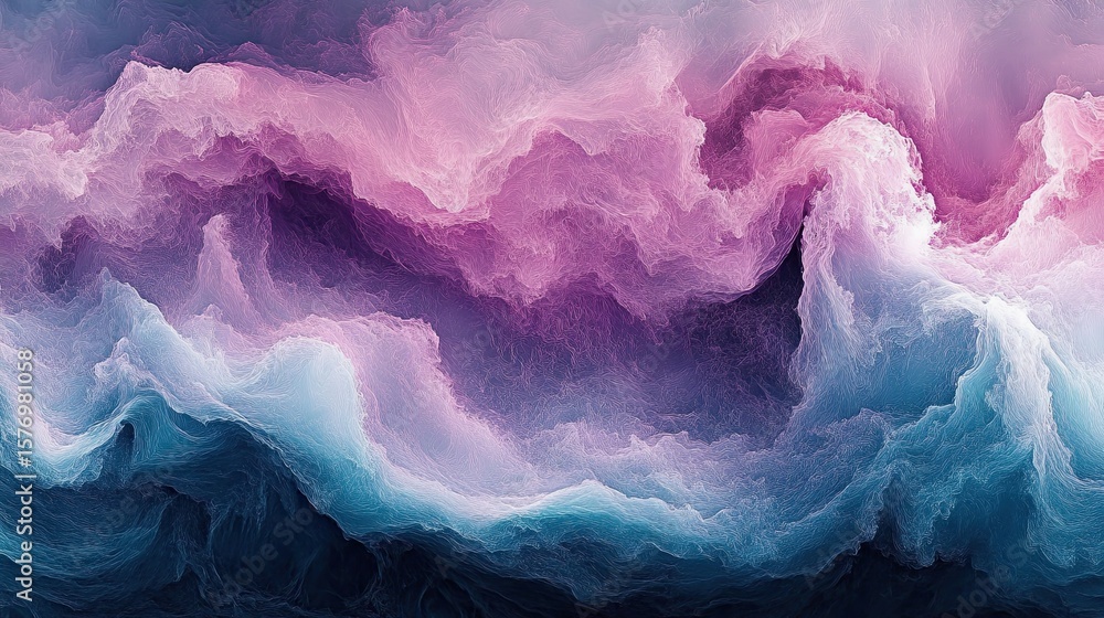 Poster abstract textured cloud-like formations in a swirling pattern of pastels and deep hues.