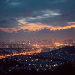 Fototapeta premium A distant view of a city at dusk, showcasing vibrant lights.