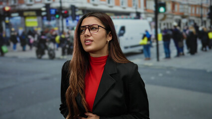Woman in glasses wearing red top and black jacket stands on a busy street, appearing to have a stomach ache amidst blurred, crowded background showing urban life.