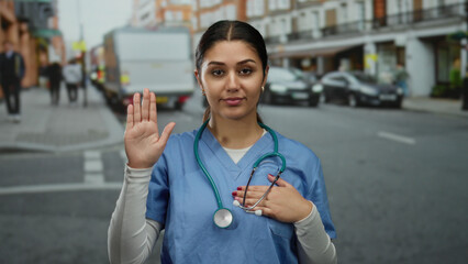 Hispanic woman doctor performs oath gesture with one hand on heart and another raised, wearing...