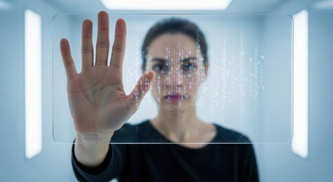 Portrait of woman touching a transparent digital barrier with faint codes or data fragments. symbolizing trapped within algorithm, invisible prisons, code-based discrimination concepts.