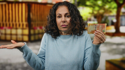 Middle-aged woman holding south african rand banknote outdoors on a city street, displaying a...