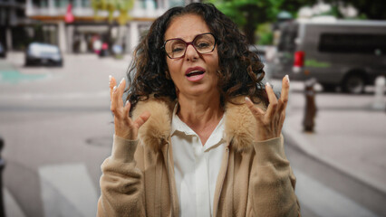 Woman with curly hair gestures expressively on a city street wearing glasses and a warm coat...