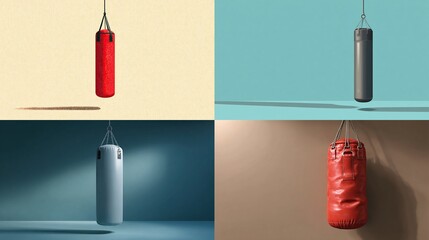 Four boxing bags hang from the ceiling in various lighting settings and colors
