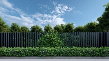 Fototapeta premium Modern black fence with lush greenery under blue sky