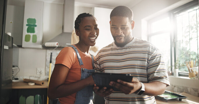 Smile, black couple and tablet for painting new house for planning, renovation and interior design. Happy, people and digital for online inspiration, remodeling ideas and DIY project of home makeover