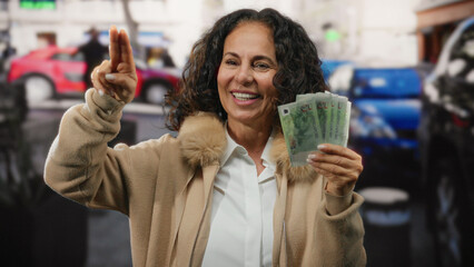 Woman holding singapore dollars smiling outdoors in a city street suggests positivity and financial...