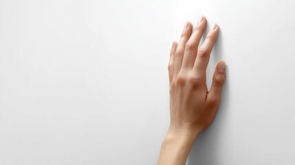 A hand gently touches a plain white surface