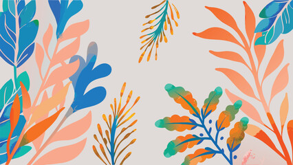 Illustration of various colorful leaves and branches on a light background with a botanical theme