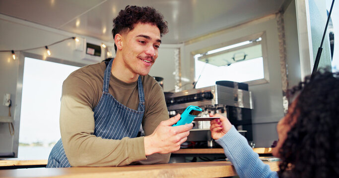 Food truck, machine and customer payment with credit card for easy transaction, POS or tap purchase. Mobile small business, waiter and woman with digital scan for online banking and contactless sale