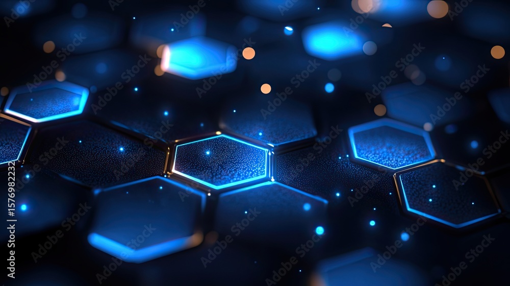 Aufkleber close-up view of a hexagonal pattern with glowing blue accents.
