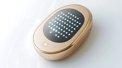 A golden device with an oval screen displaying a grid of white light dots