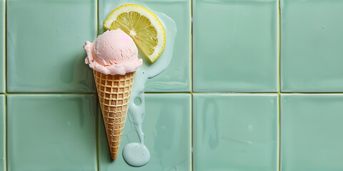 Ice Cream Cone with Lemon Slice on Teal Tiles

