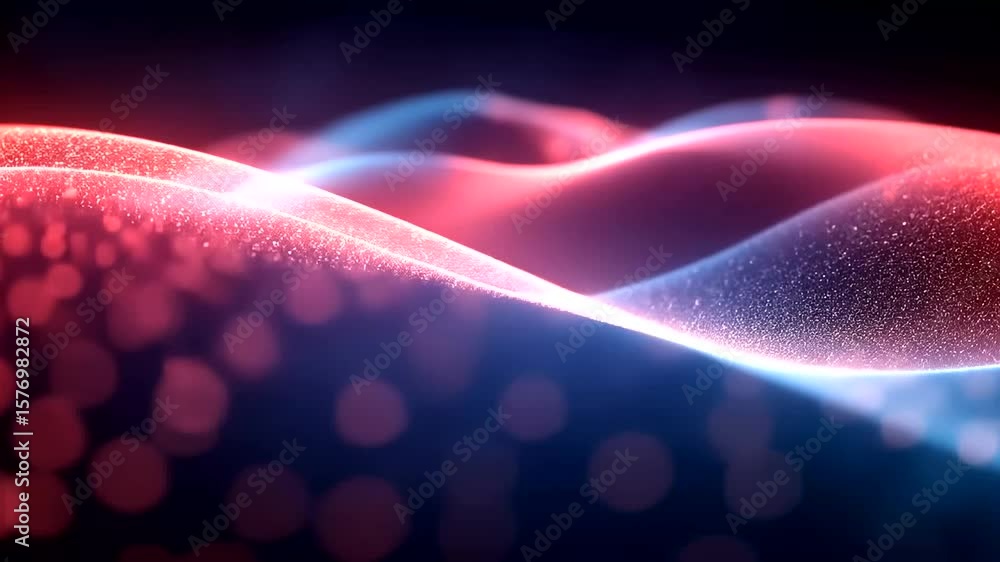 Poster abstract flowing waves animation with glowing particles in red and blue colors