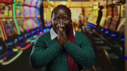 Woman excited in colorful casino with slot machines highlighting vibrant atmosphere of fun and...