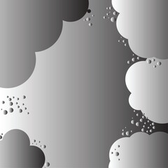 A vector illustration of monochromatic grey cloud-like shapes and scattered bubbles, creating a subtle, textured background