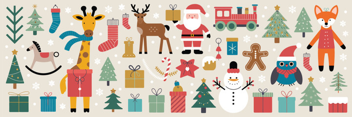  Santa Claus grins mischievously aboard a toy locomotive, surrounded by nutcracker soldiers, colorful gift boxes, sparkling ornaments, cheerful ribbons, bustling elves, festive holly, and snowy winter