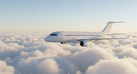 Obraz premium White aircraft gliding over soft clouds in golden daylight. Peaceful sky travel scene.