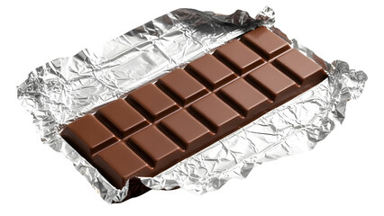 Milk chocolate bar unwrapped in foil wrapper sweet dessert treat snack cocoa indulgence delicious 100g on transparent background