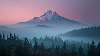 Obraz premium Serene Mountain Landscape at Dawn with Mist and Soft Sunrise Colors