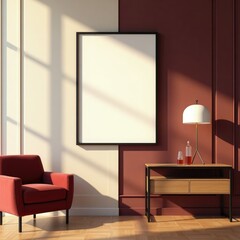 Modern blank canvas art frame mockup interior scene with armchair table and lamp for wall art display