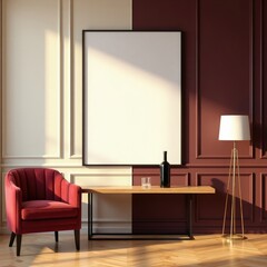 Modern living room interior mockup with red armchair lamp and blank frame poster for wall decor