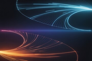 Dynamic abstract lines in blue and orange colors converge in this modern artistic rendering on a dark background.