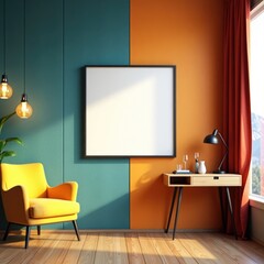 Modern living room decor with yellow armchair, desk, and blank frame for artwork, interior design item