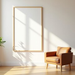 Fototapeta premium Minimalist wooden frame for posters and art prints, blank canvas, living room interior decoration, modern style