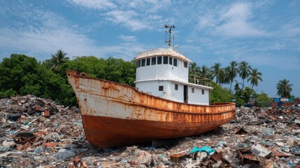 A rusted, abandoned fishing boat rests on a rocky shore with palm trees and a blue sky in the background.