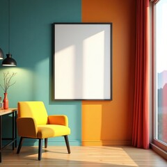 Modern art frame mockup with yellow chair and colorful wall interior decoration for home and office decor