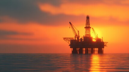 Obraz premium An offshore oil rig silhouetted against a vibrant orange sunset over calm ocean waters.