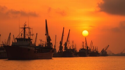 Fototapeta premium Fishing boats are silhouetted against a vibrant orange sunset over calm waters, creating a peaceful maritime scene.