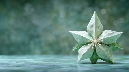 A delicate, light teal origami flower rests on a teal surface.