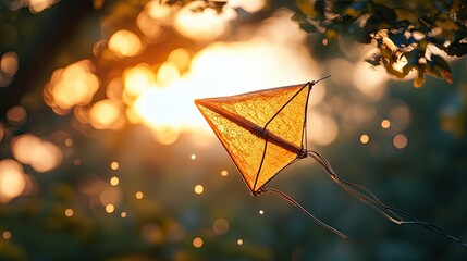 A kite soars against a warm sunset backdrop.