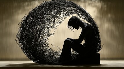 Silhouette of a seated figure enclosed by a network of interwoven branches.